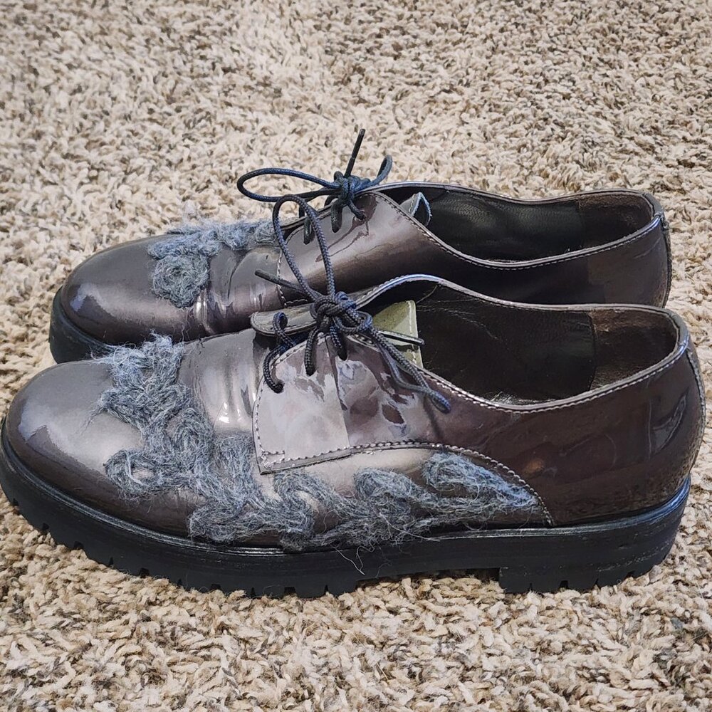 AGL Women's Oxfords Lace-Up Chunky Black Sole 6.5 Metallic Shiny Goth Witchy - Picture 3 of 11